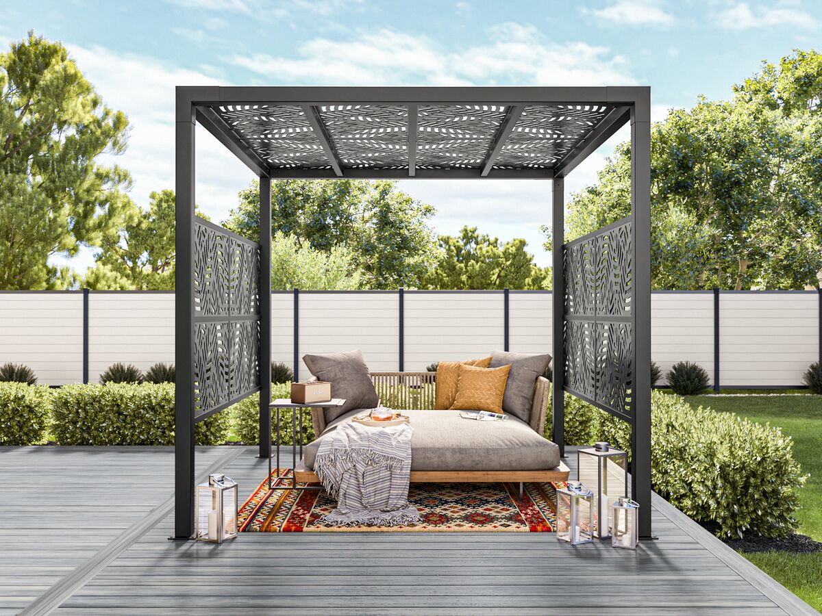 Pergola with decorative screen inserts on deck